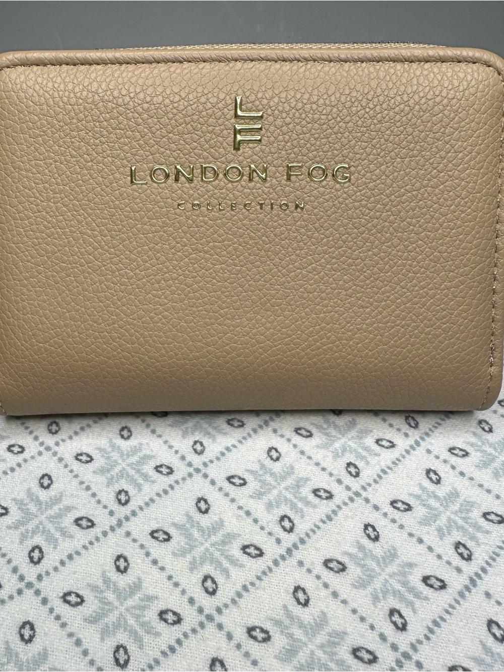 London Fog Taupe Pebbled Zip-Around Wallet with Gold Logo